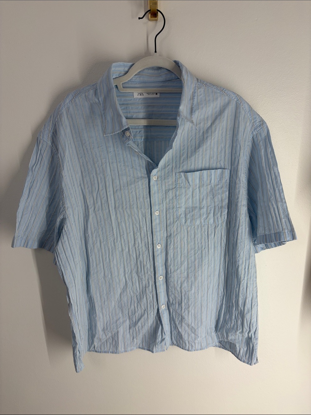 Zara Light Blue Striped Short-Sleeve Button-Down Shirt
